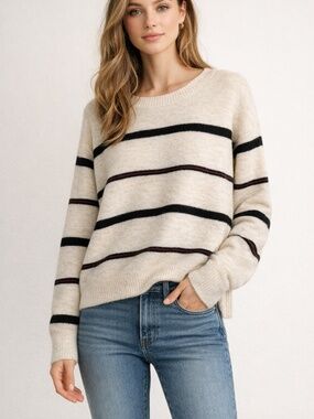FRAME Striped Alpaca Wool Sweater L Cream Black Relaxed Oversized Crewneck